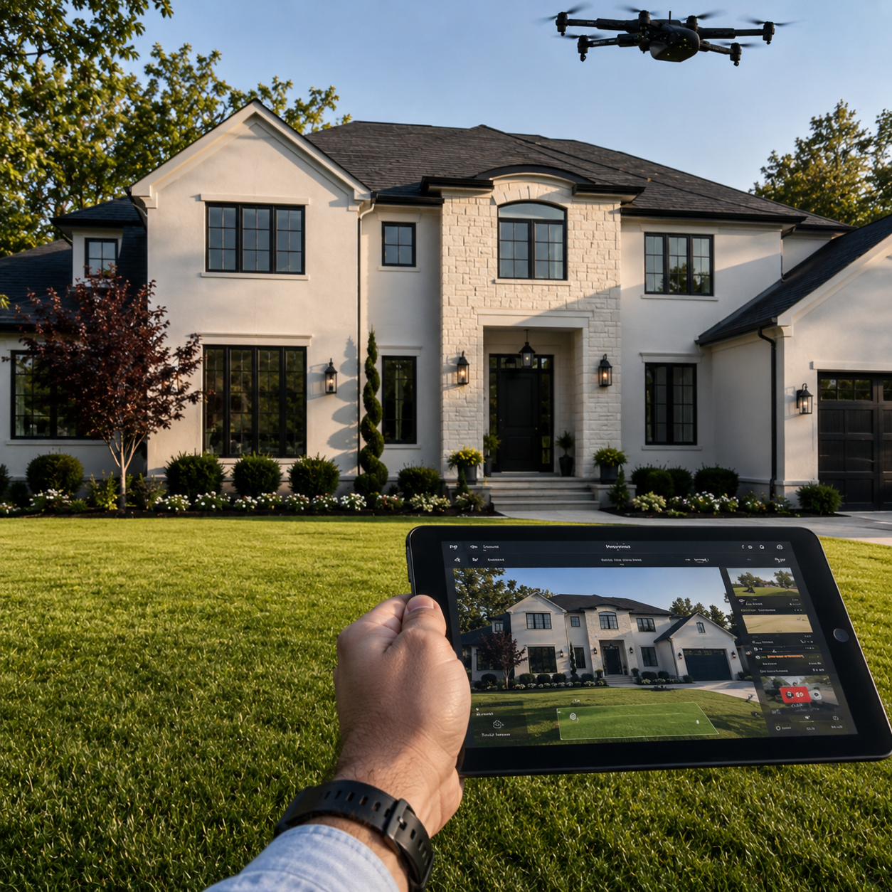 Drone capturing detailed images of a home's roof and exterior